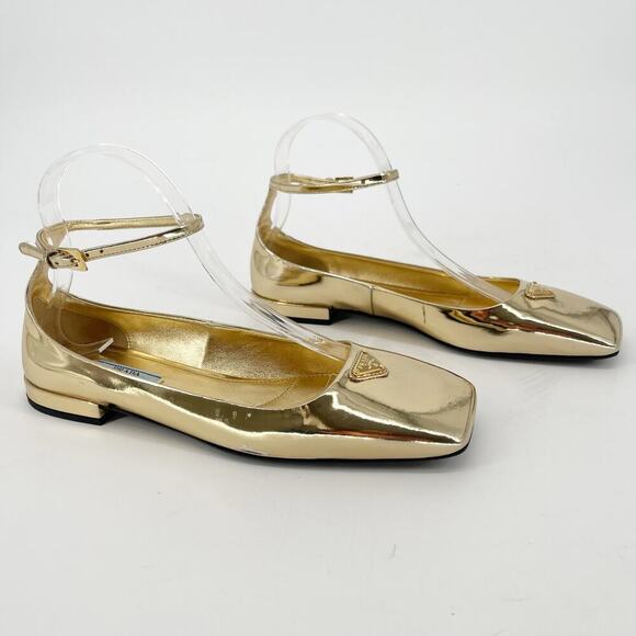 Prada Platino Gold Patent Leather Logo Ankle Strap Square Toe Ballet Flat IT 38 - Picture 1 of 14